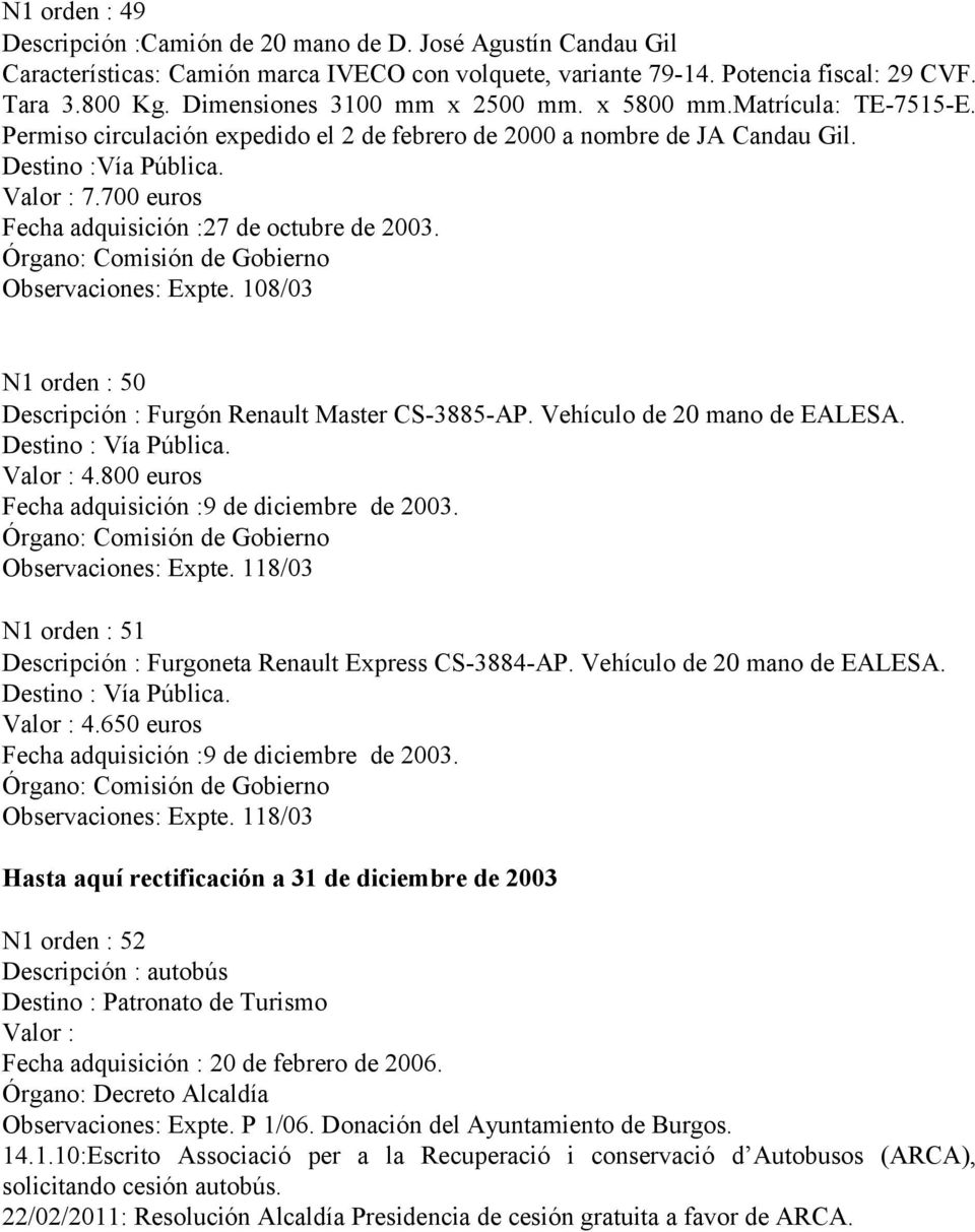 700 euros Fecha adquisición :27 de octubre de 2003. Órgano: Comisión de Gobierno Observaciones: Expte. 108/03 N1 orden : 50 Descripción : Furgón Renault Master CS-3885-AP.