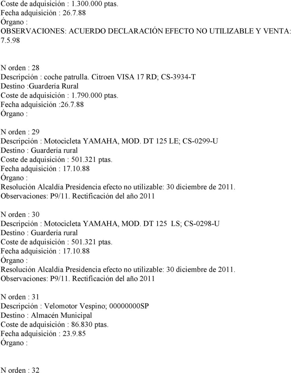 10.88 Resolución Alcaldía Presidencia efecto no utilizable: 30 diciembre de 2011. Observaciones: P9/11. Rectificación del año 2011 N orden : 30 Descripción : Motocicleta YAMAHA, MOD.
