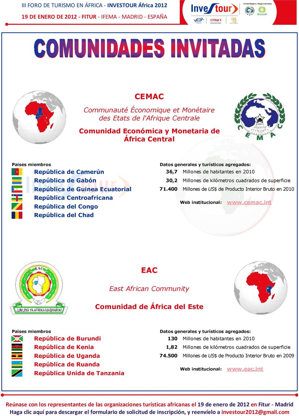400 Millones de US$ de Producto Interior Bruto en 2010 República Centroafricana República del Congo República del Chad Web institucional: www.cemac.