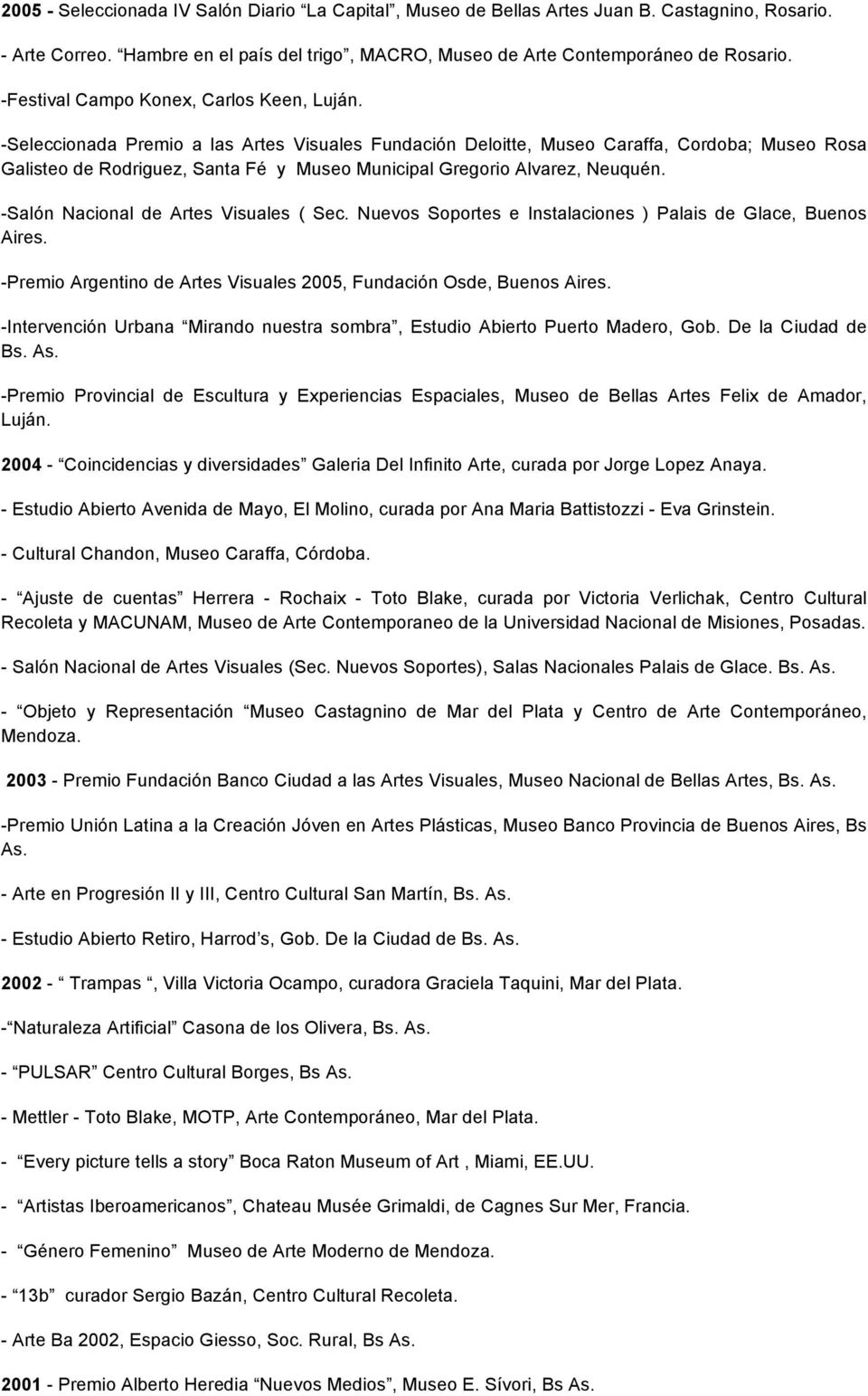 -Seleccionada Premio a las Artes Visuales Fundación Deloitte, Museo Caraffa, Cordoba; Museo Rosa Galisteo de Rodriguez, Santa Fé y Museo Municipal Gregorio Alvarez, Neuquén.