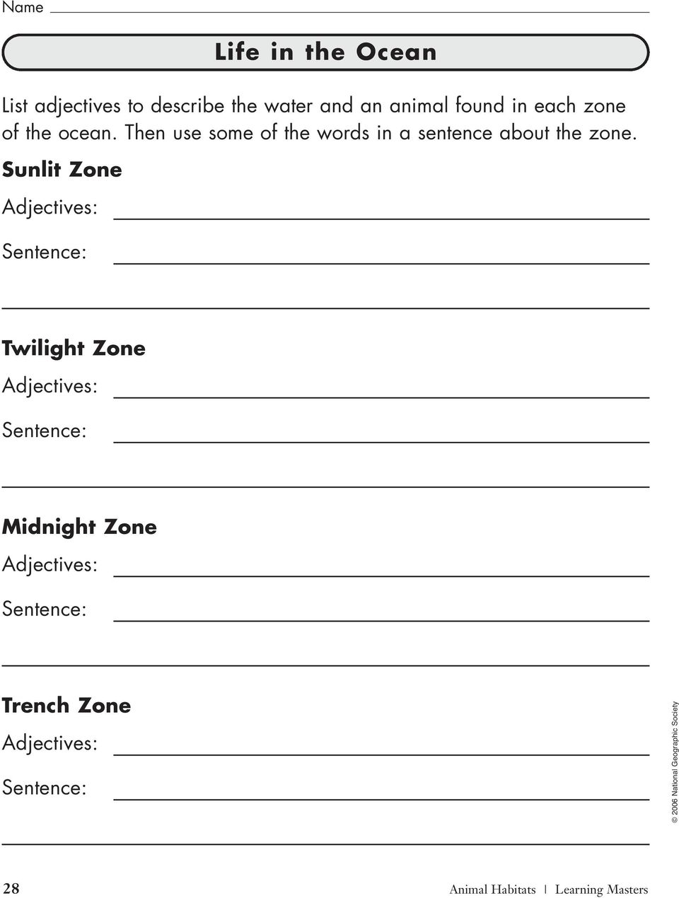 Sunlit Zone Adjectives: Sentence: Twilight Zone Adjectives: Sentence: Midnight Zone