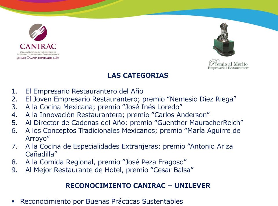 Al Director de Cadenas del Año; premio Guenther MauracherReich 6. A los Conceptos Tradicionales Mexicanos; premio María Aguirre de Arroyo 7.