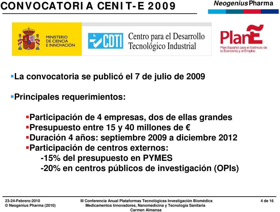 40 millones de Duración 4 años: septiembre 2009 a diciembre 2012 Participación de centros