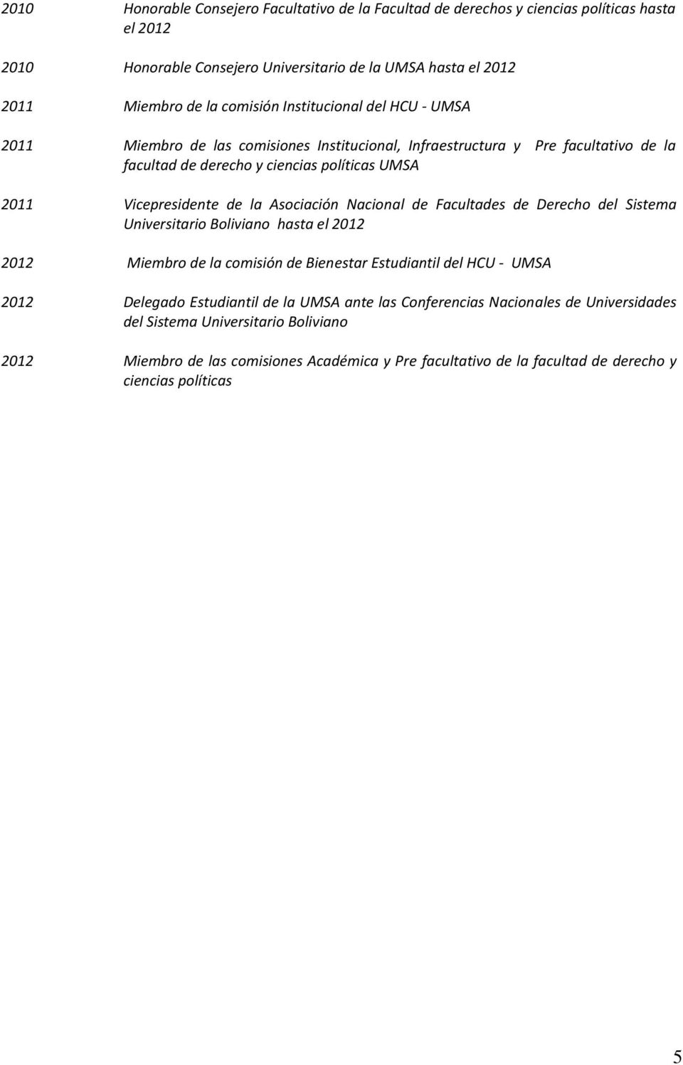 Asociación Nacional de Facultades de Derecho del Sistema Universitario Boliviano hasta el 2012 2012 Miembro de la comisión de Bienestar Estudiantil del HCU - UMSA 2012 Delegado Estudiantil de