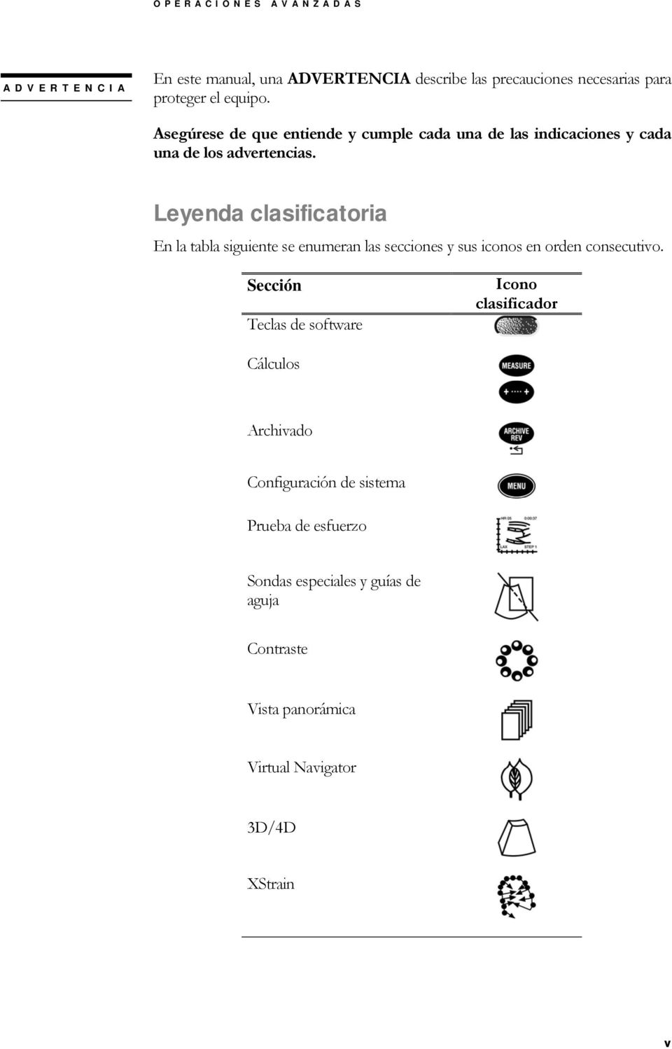 Leyenda clasificatoria En la tabla siguiente se enumeran las secciones y sus iconos en orden consecutivo.