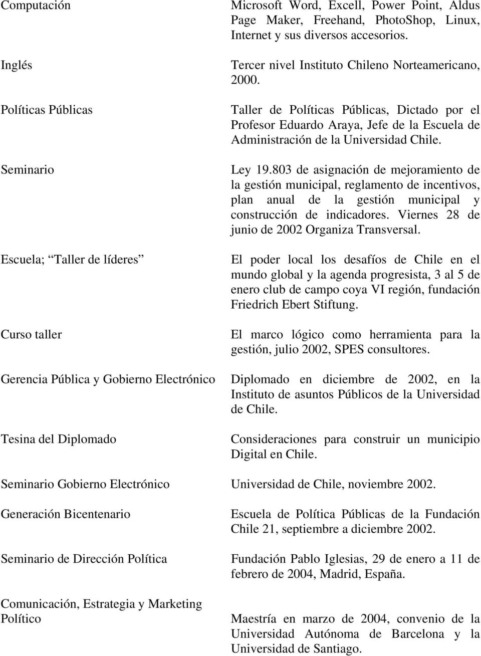 Taller de Políticas Públicas, Dictado por el Profesor Eduardo Araya, Jefe de la Escuela de Administración de la Universidad Chile. Ley 19.