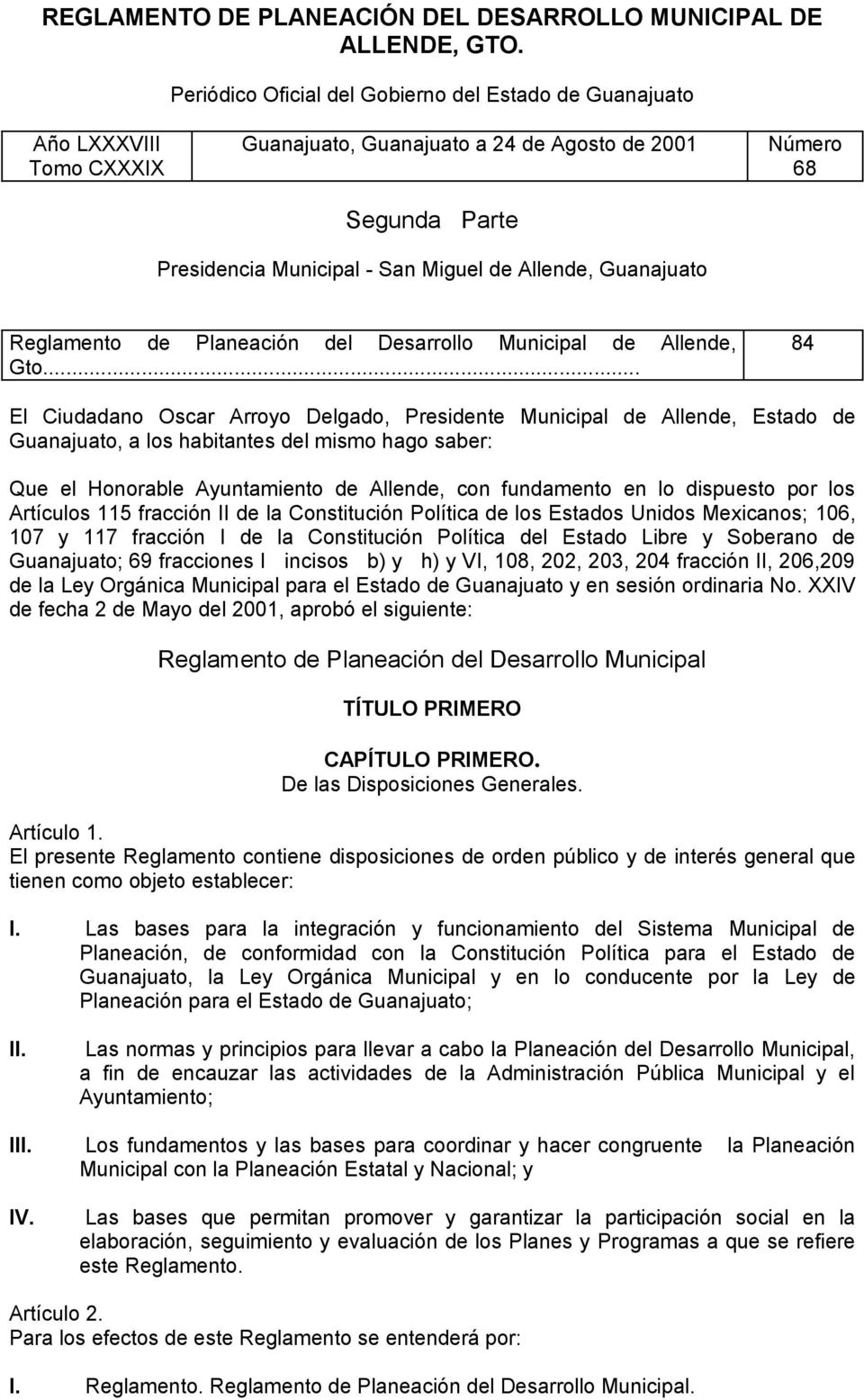 Guanajuato Reglamento de Planeación del Desarrollo Municipal de Allende, Gto.