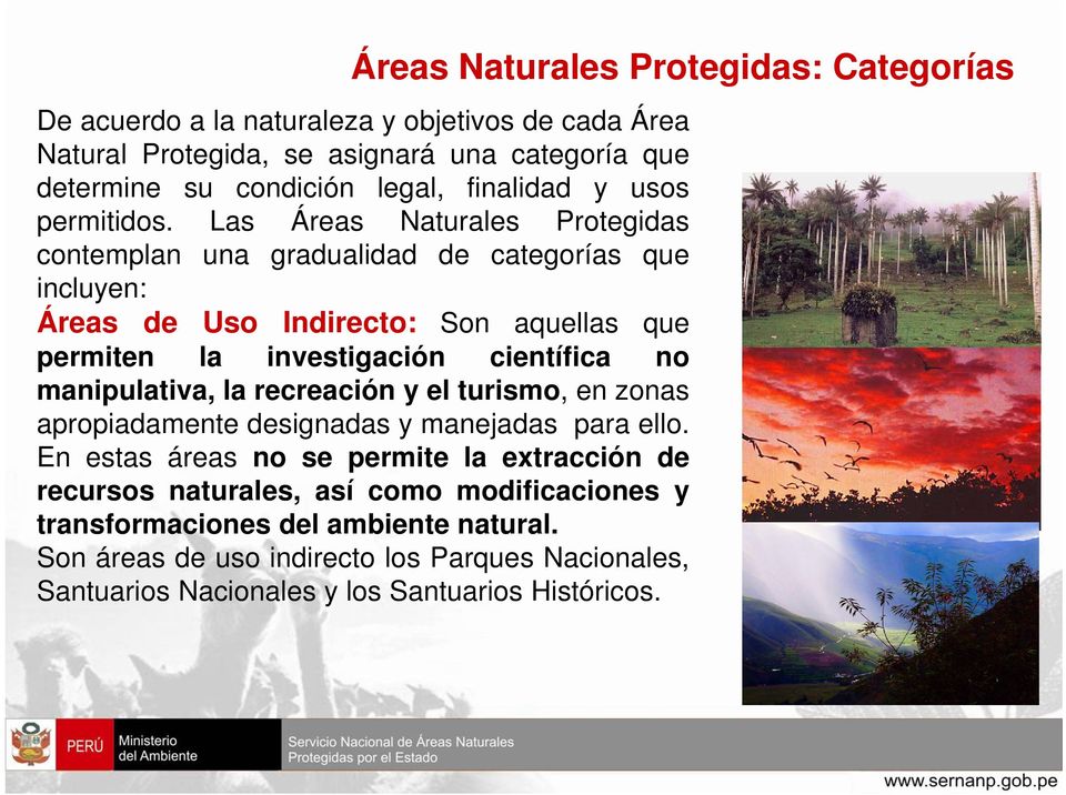 Las Áreas Naturales Protegidas contemplan una gradualidad de categorías que incluyen: Áreas de Uso Indirecto: Son aquellas que permiten la investigación científica no