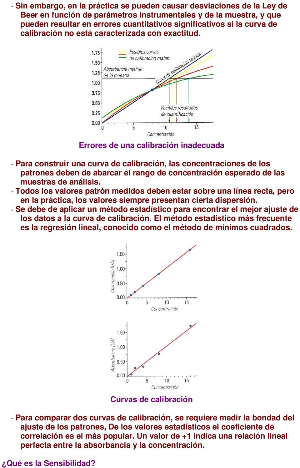 Errores de una calibración inadecuada Para construir una curva de calibración, las concentraciones de los patrones deben de abarcar el rango de concentración esperado de las muestras de análisis.