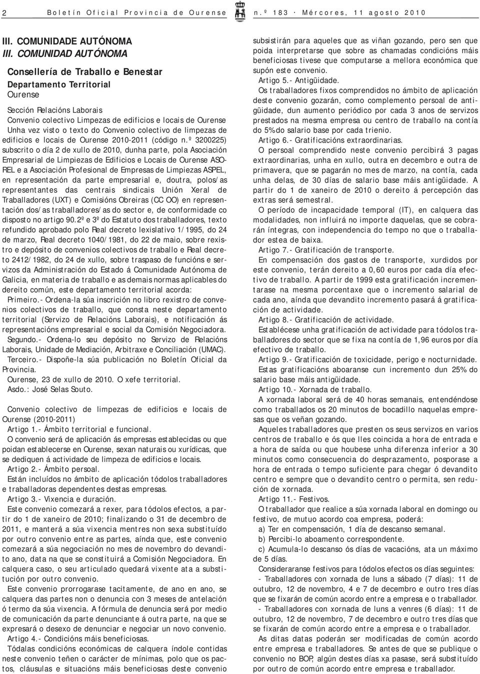 do Convenio colectivo de limpezas de edificios e locais de Ourense 2010-2011 (código n.