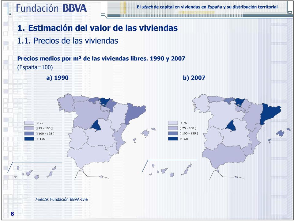1990 y 2007 (España=100) a) 1990 b) 2007 < 75