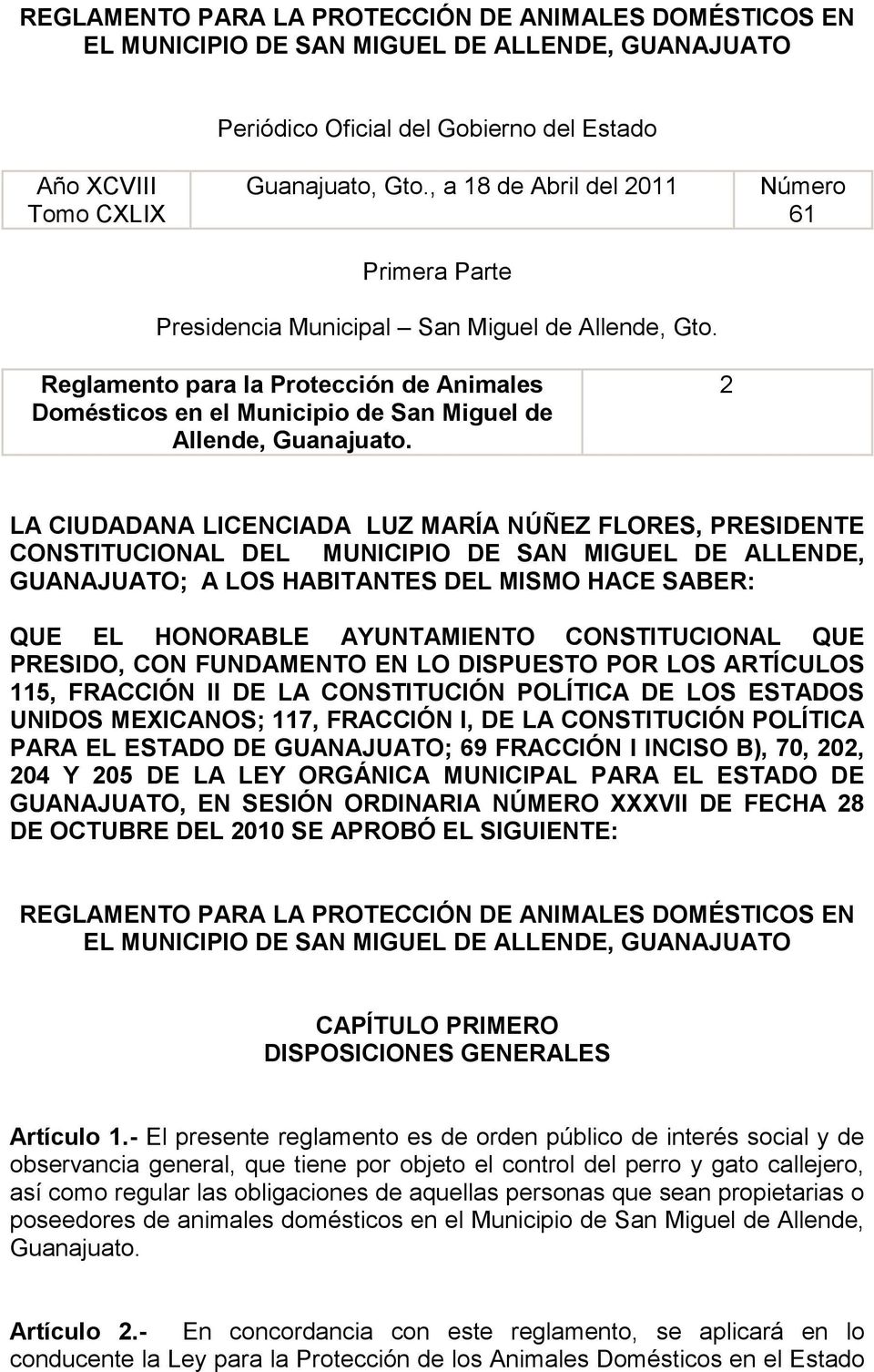 Reglamento para la Protección de Animales Domésticos en el Municipio de San Miguel de Allende, Guanajuato.