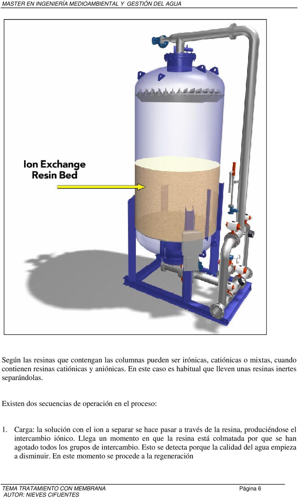 Carga: la solución con el ion a separar se hace pasar a través de la resina, produciéndose el intercambio iónico.