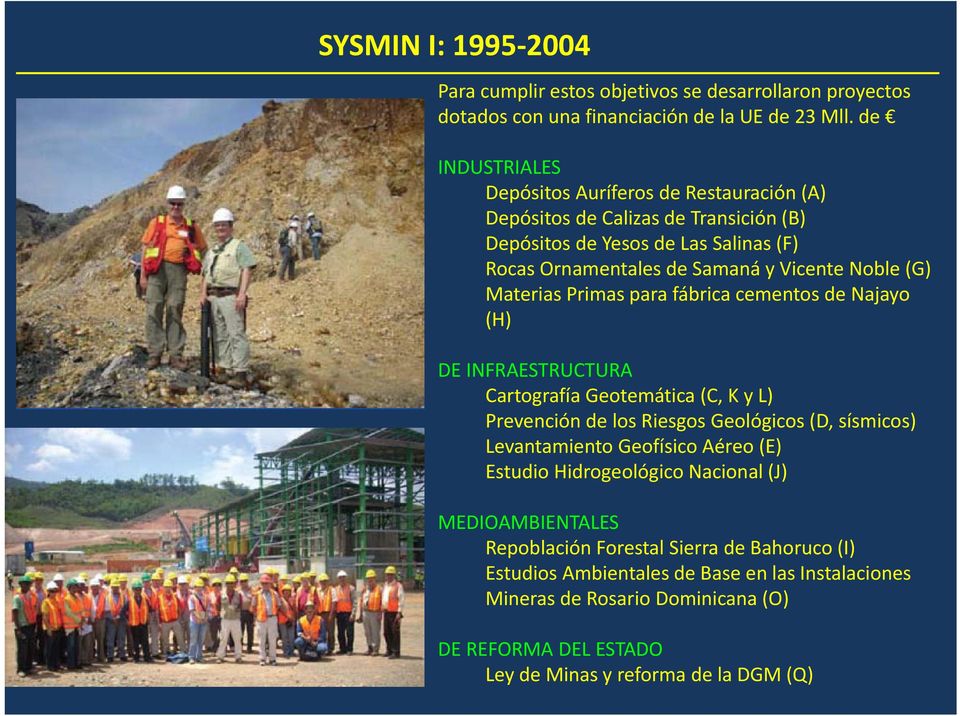 Materias Primas para fábrica cementos de Najayo (H) DE INFRAESTRUCTURA Cartografía Geotemática (C, K y L) Prevención de los Riesgos Geológicos (D, sísmicos) Levantamiento Geofísico