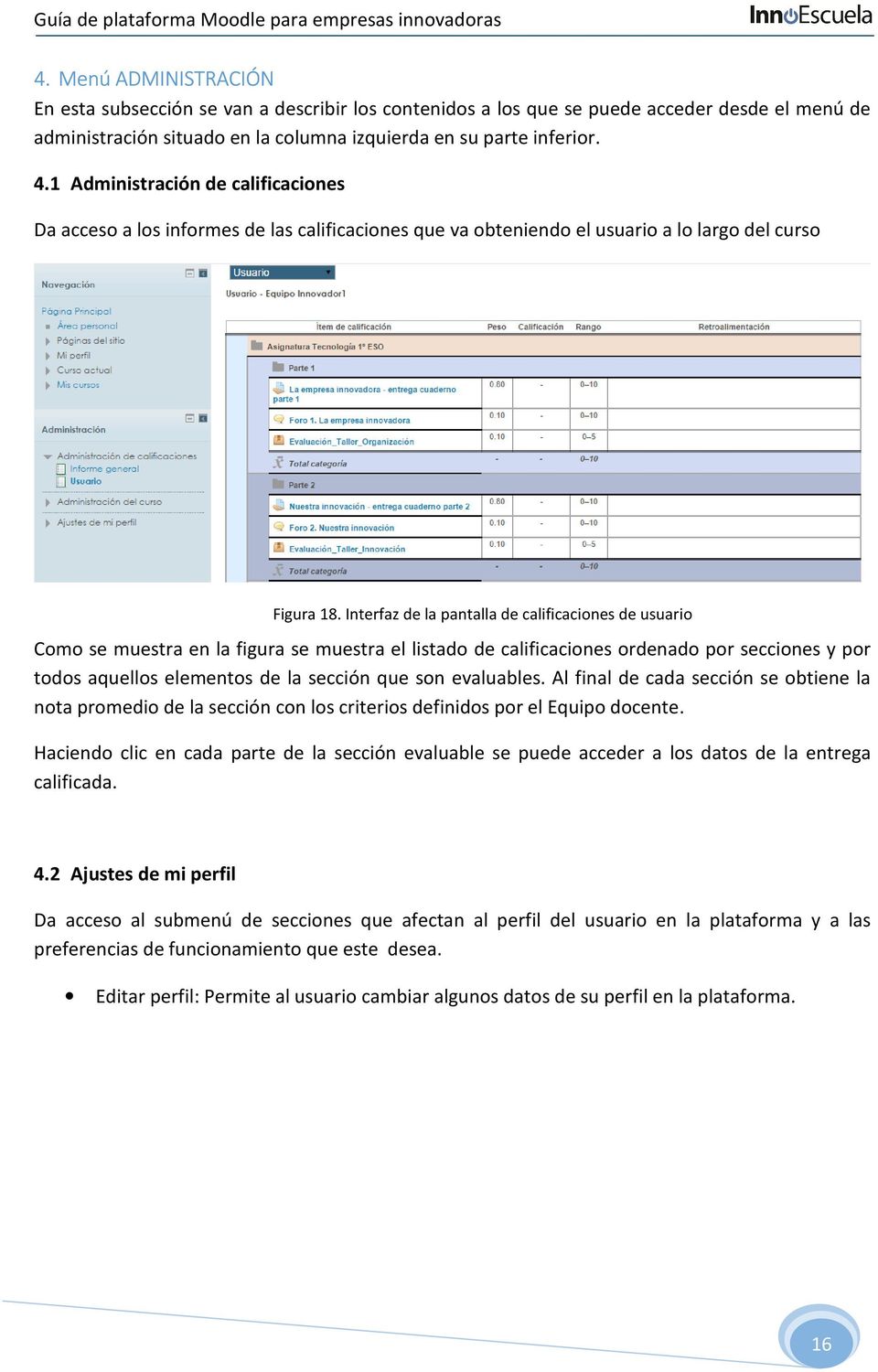 Interfaz de la pantalla de calificaciones de usuario Como se muestra en la figura se muestra el listado de calificaciones ordenado por secciones y por todos aquellos elementos de la sección que son