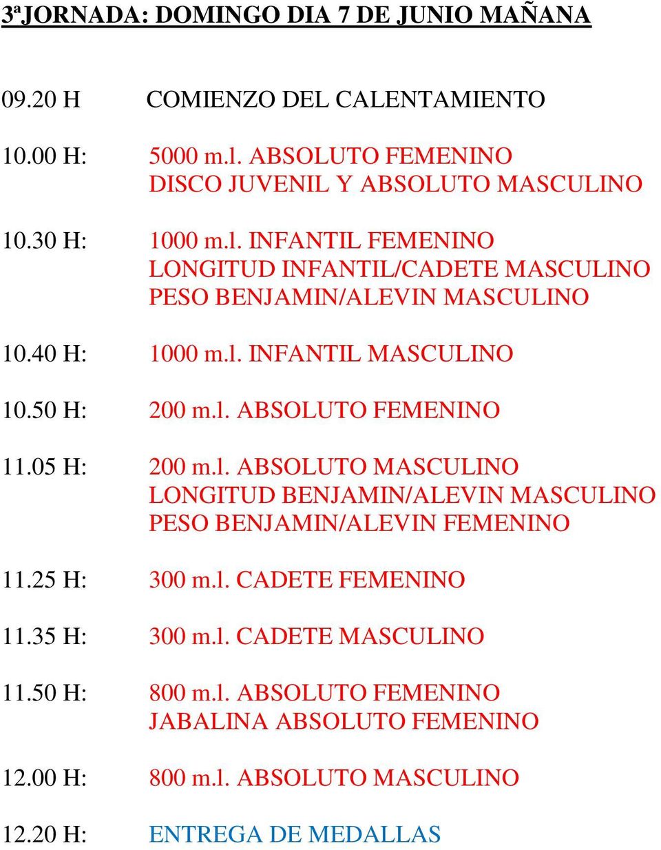 05 H: 200 m.l. ABSOLUTO MASCULINO LONGITUD BENJAMIN/ALEVIN MASCULINO PESO BENJAMIN/ALEVIN FEMENINO 11.25 H: 300 m.l. CADETE FEMENINO 11.35 H: 300 m.l. CADETE MASCULINO 11.
