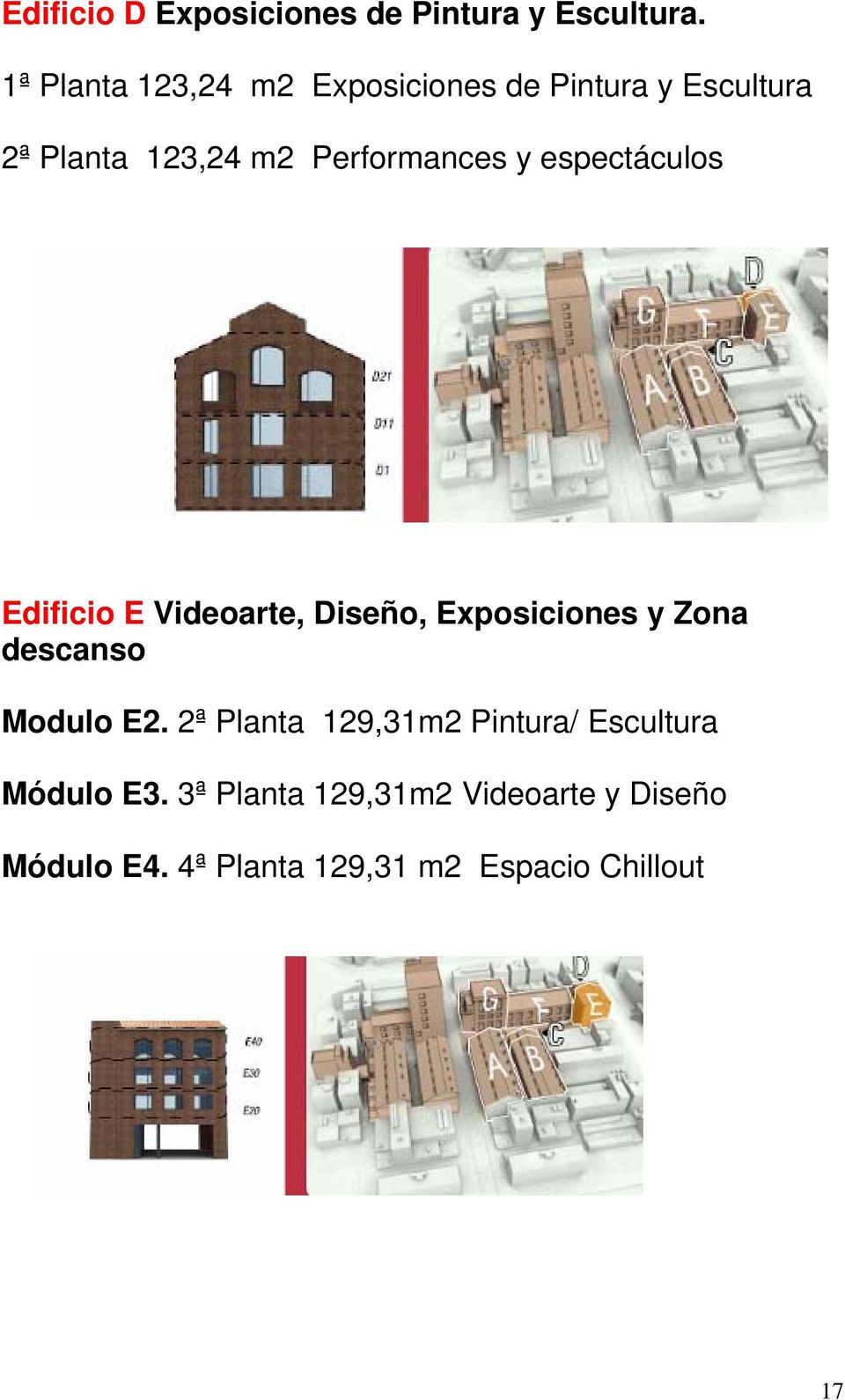 y espectáculos Edificio E Videoarte, Diseño, Exposiciones y Zona descanso Modulo E2.