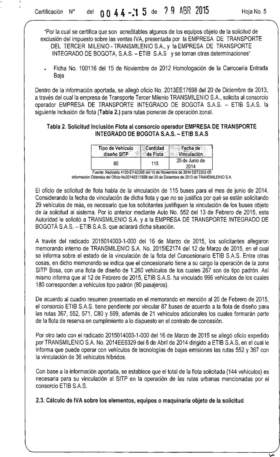 201 3EE17698 del 20 de Diciembre de 2013, a través del cual la empresa de Transporte Tercer Milenio TRANSMILENIO S.A., solicita al consorcio operador EMPRESA DE TRANSPORTE INTEGRADO DE BOGOTA SAS.