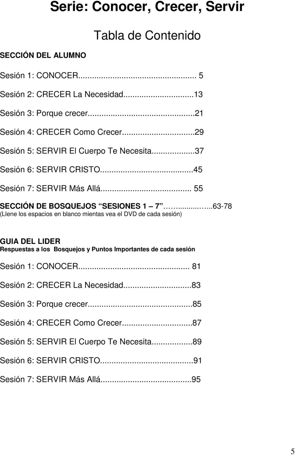 .....63-78 (Llene los espacios en blanco mientas vea el DVD de cada sesión) GUIA DEL LIDER Respuestas a los Bosquejos y Puntos Importantes de cada sesión Sesión 1: CONOCER.