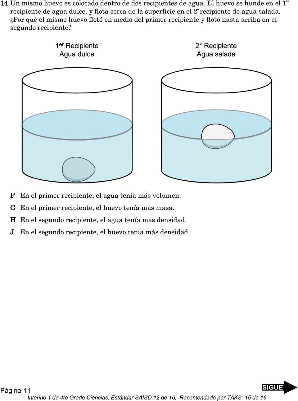 Por qué el mismo huevo flotó en medio del primer recipiente y flotó hasta arriba en el segundo recipiente?