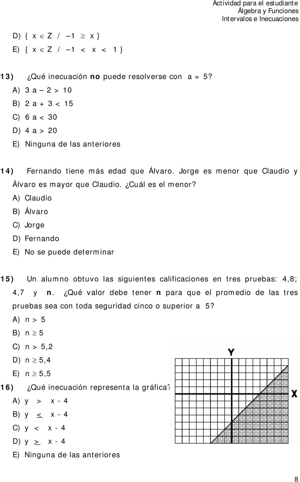 Cuál es el menor? A) Claudio B) Álvaro C) Jorge D) Fernando E) No se puede determinar 15) Un alumno obtuvo las siguientes calificaciones en tres pruebas: 4,8; 4,7 y n.