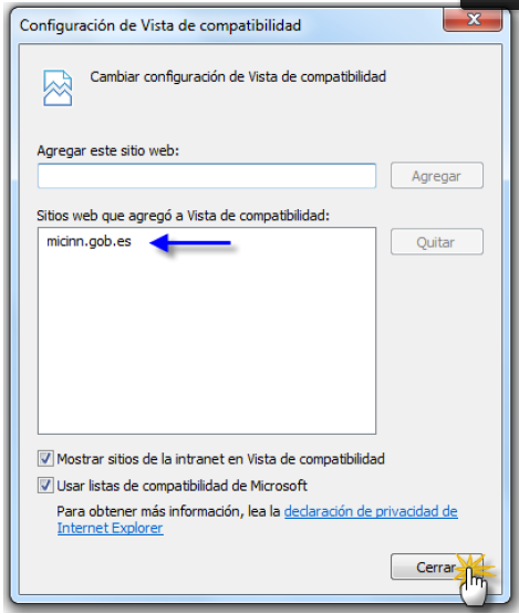 Con el navegador Internet Explorer en la barra de tareas, haga clic en el icono de Herramientas y seleccione Configuración de Vista de compatibilidad Nota: Si el icono de Herramientas no está visible