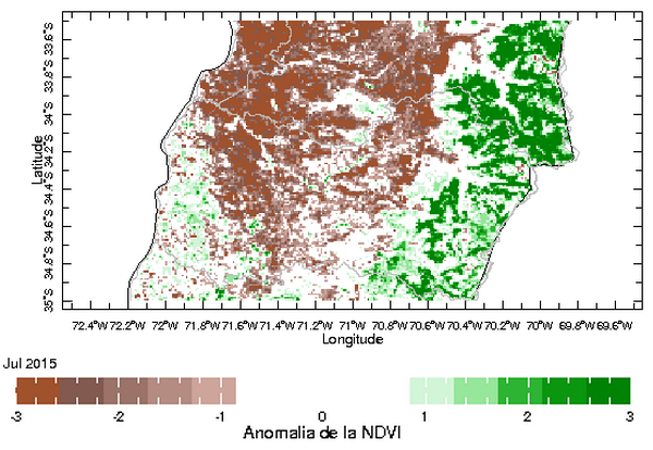 Sequía Agrícola: Respuestas a.) Cuál es la situación de la vegetación en la región O Higgins en el mes de julio 2015? El NDVI tiene un valor por encima de 0.