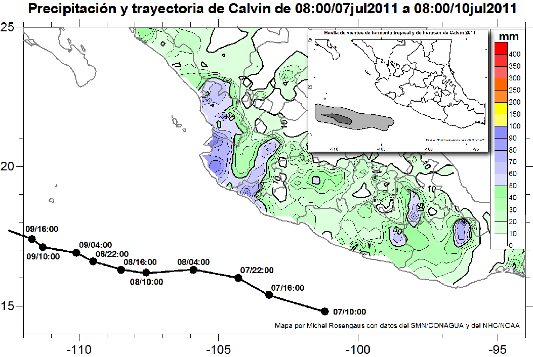 tropical. La huella de vientos de tormenta tropical permanece muy lejos de la costa del México continental. Figura 8. Precipitaciones durante el paso de Calvin, con su trayectoria y huella de vientos.