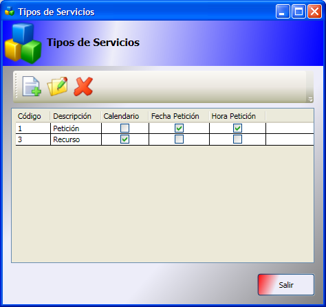 Al acceder al módulo nos aparece una pantalla con la lista de los Tipos de Servicios.