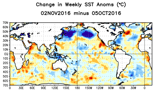 Anomalías semanales de la temperatura de la superficie del mar ( C) para las últimas cuatro semanas Durante las últimas cuatro semanas, las anomalías negativas de las TSM