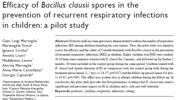 Probióticos y Alergia Bacillus clausii effects in children with allergic rhinitis. Niños tratados con B. clausii mostraron una reducción significativa,(p = 0.049) de TSS sin efectos adversos: 7 ± 0.