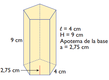 Calcula el área y el volumen de una pirámide hexagonal en el