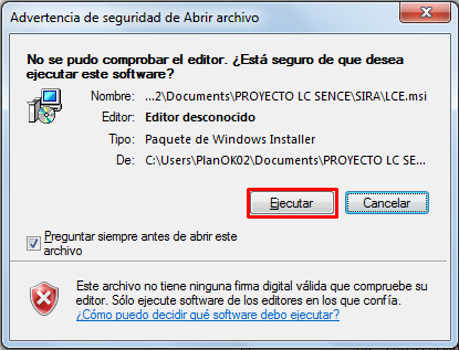 1. Descargue el software de instalación desde http://lce.sence.cl/sira/lce.msi 2. Ejecute el archivo LCE.msi descargado, Windows mostrará una alerta de seguridad indicando que no conoce al fabricante.