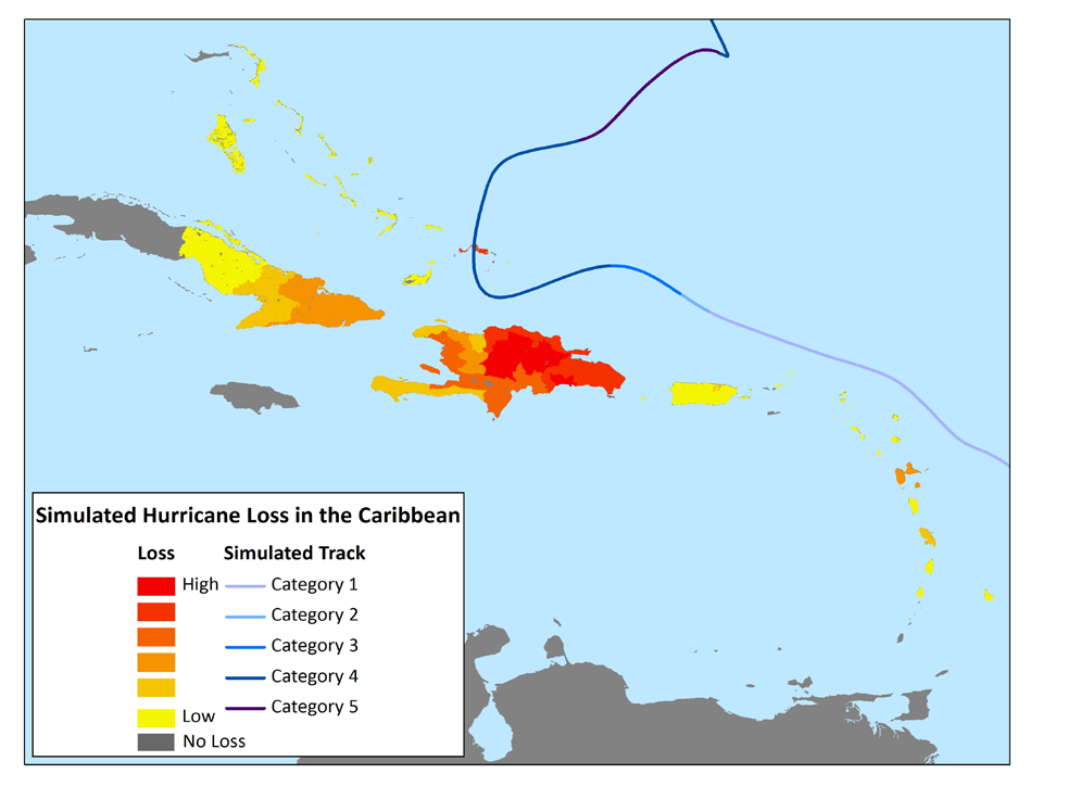 tormenta simulada se detiene cerca de República Dominicana, su baja velocidad de avance permite que inunde a toda la nación insular, y luego avanza hacia el norte, pasando directamente sobre las