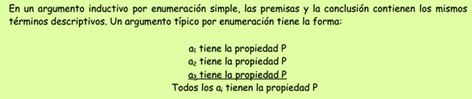 Premisa> conclusión El primer tipo de inducción es la enumeración simple, en la que la enumeración sobre objetos o acontecimientos individuales se toma como base para una