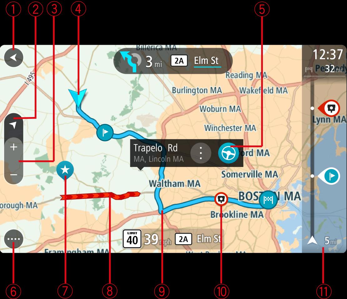Si tiene una ruta planificada, se mostrará la ruta completa en el mapa. Puede agregar detenciones a su ruta directamente desde el mapa.