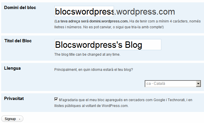 FEM UN BLOC AMB WORD PRESS Donar-nos d alta 1- Entrem a la pàgina del Wordpress http://ca.wordpress.