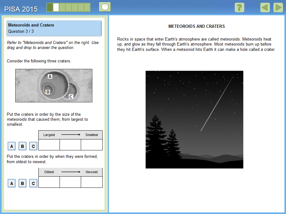 En esta pregunta de nivel 2 se pide a los estudiantes que seleccionen dos respuestas que expliquen la relación entre el espesor de la atmósfera de un planeta, la probabilidad de que los meteoroides