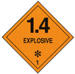 Clase 1. Explosivos Símbolo: Bomba explotando en negro; fondo anaranjado y texto en negro. División 1.