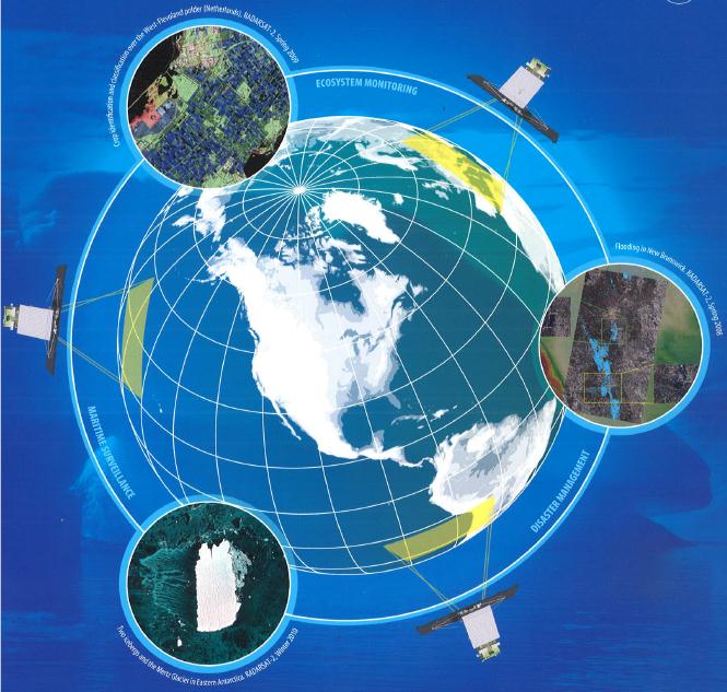 RADARSAT Iniciada en 2005 por la Agencia Espacial Canadiense (CSA ASC) con 3 objetivos fundamentales: Monitoreo de los océanos, monitoreo del ecosistema y la gestión de desastres.