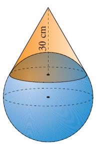 En un cono de 10 cm de radio hemos inscrito un cilindro de radio 4 cm y altura 14,4 cm. Halla la altura del cono. Sol: 24 cm. 33. Tenemos un cono inscrito en una esfera de radio 11 cm.