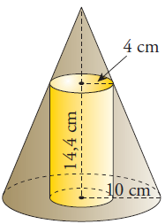 30. De un cono de radio 5 cm hemos cortado otro cono de radio 2 cm y altura 3 cm. Calcula el volumen del cono grande. Sol: 62,5π cm 3. 31.