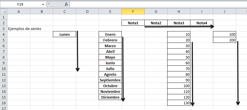 Las series se pueden crear de forma horizontal o vertical Actividad práctica 1: completar las siguientes series Actividad práctica 2: Una empresa requiere llevar en Excel el registro de los datos de