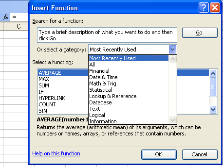 Insertar funciones Se da clic sobre el botón fx, o se utiliza la opción Insert Function.