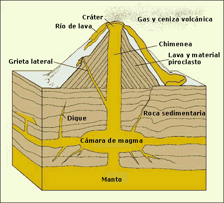PARTES DE UN VOLCÁN -CRÁTER: Es la puerta de salida de los materiales del volcán.