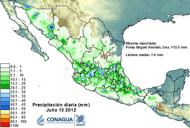 Figura 6. Actividad ciclónica en julio de 2012 en la cercanía de México. En el Atlántico no se presentaron las condiciones necesarias para el desarrollo de huracanes.