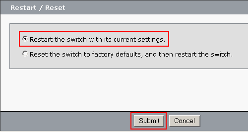 10. Reinicie el switch sin interrumpir el suministro de energía. El switch se reinicia automáticamente en 60 segundos. Un contador muestra el tiempo que queda para la recarga.