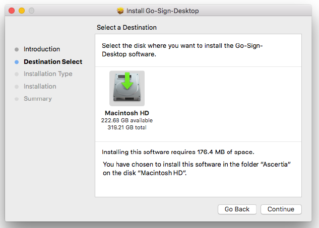 2.2. Pasos de instalación para MAC OS Siga estos pasos para instalar la aplicación Ascertia Go> Sign Desktop: 1.