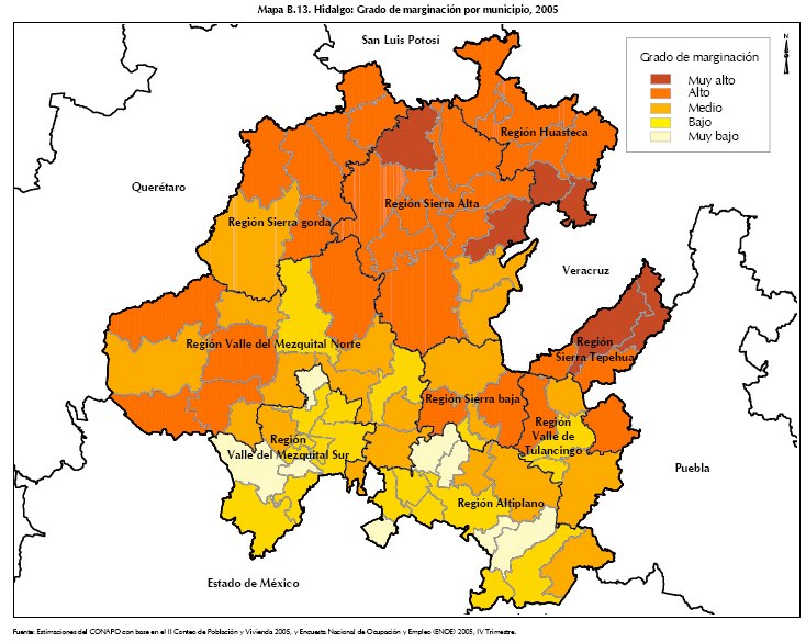 La distribución de los municipios que concentran alta y muy alta marginación se encuentran e las zonas serranas y huasteca.