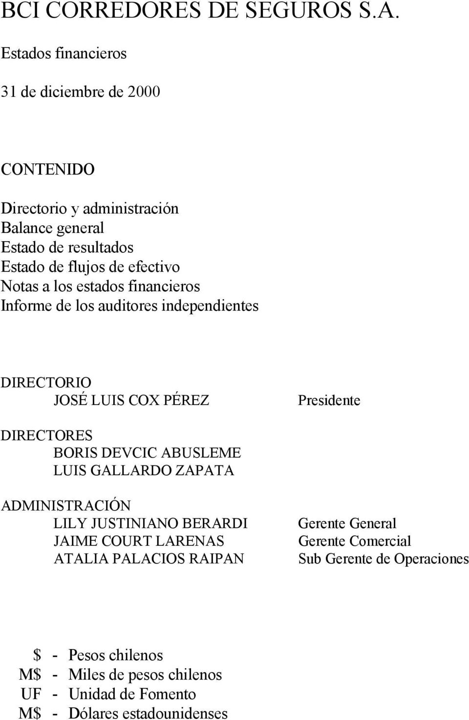 Notas a los estados financieros Informe de los auditores independientes DIRECTORIO JOSÉ LUIS COX PÉREZ Presidente DIRECTORES BORIS DEVCIC ABUSLEME